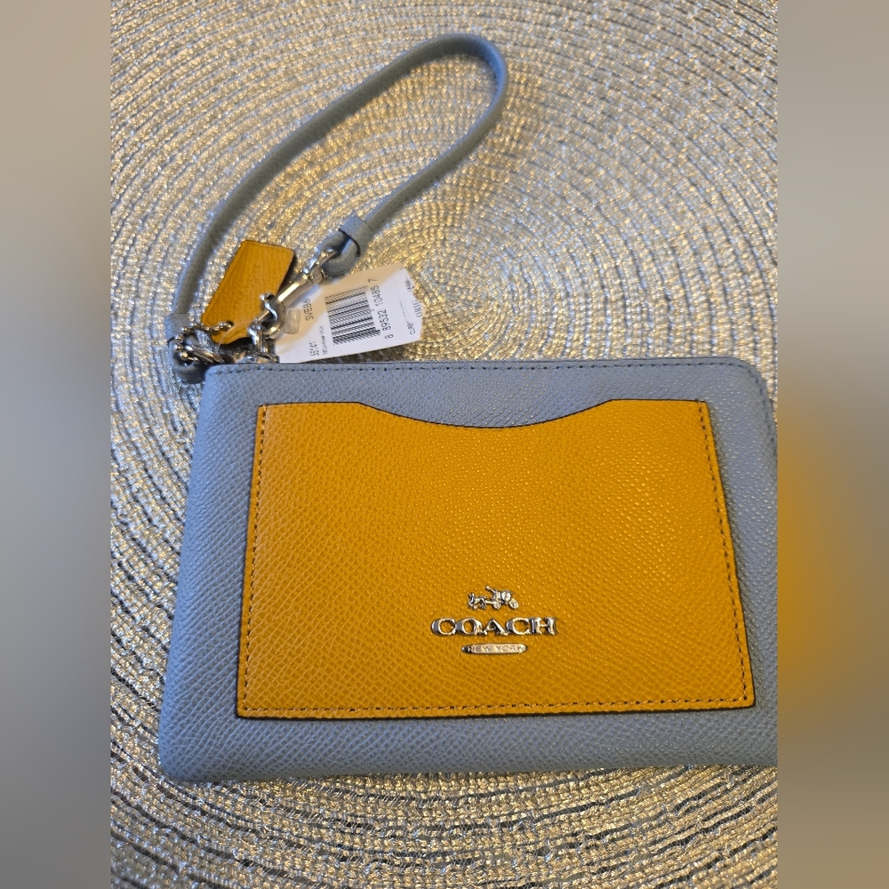 NWT Coach 65141 Corner Zip Wristlet Colorblock Leather Cornflower Blue Yellow